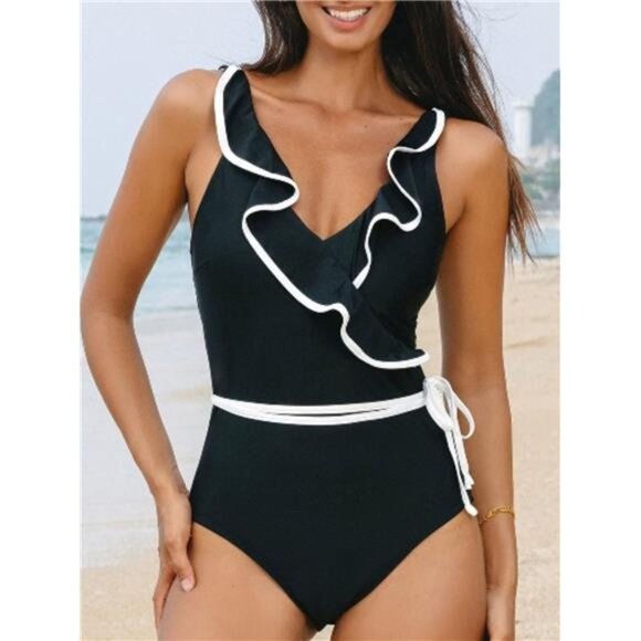 Ruffle Trim V-Neck One-Piece Swimsuit - Picture 1 of 5